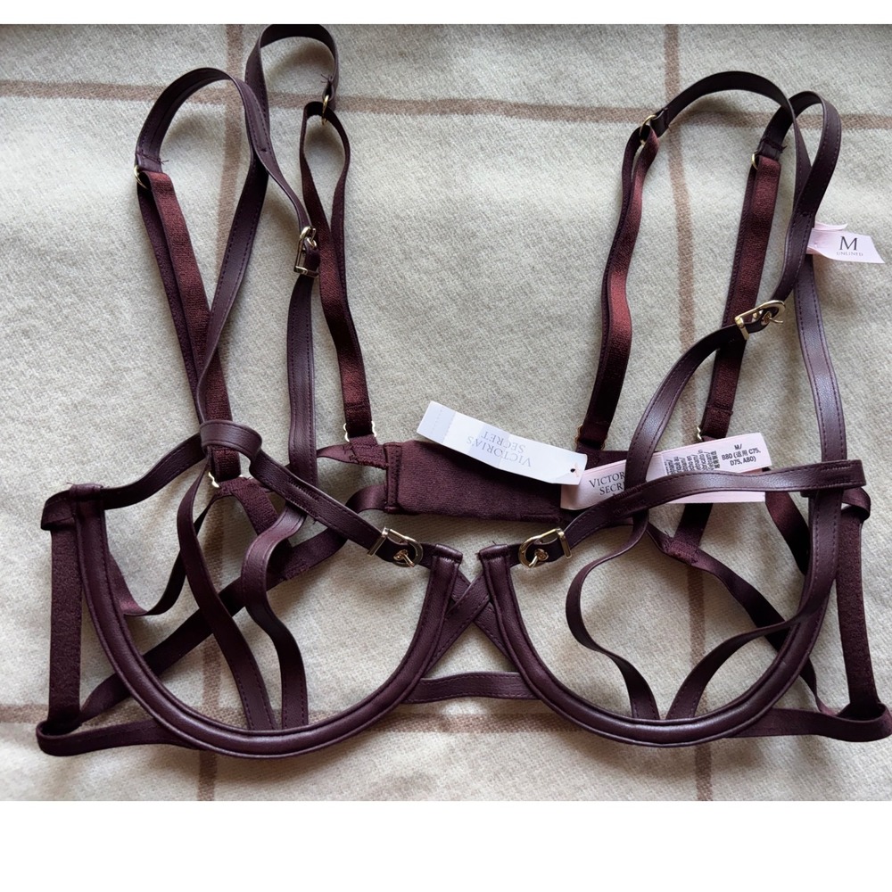 Victorias Secret Brown Strappy Cage Unlined Bra Gold Hardware NWT Size M
